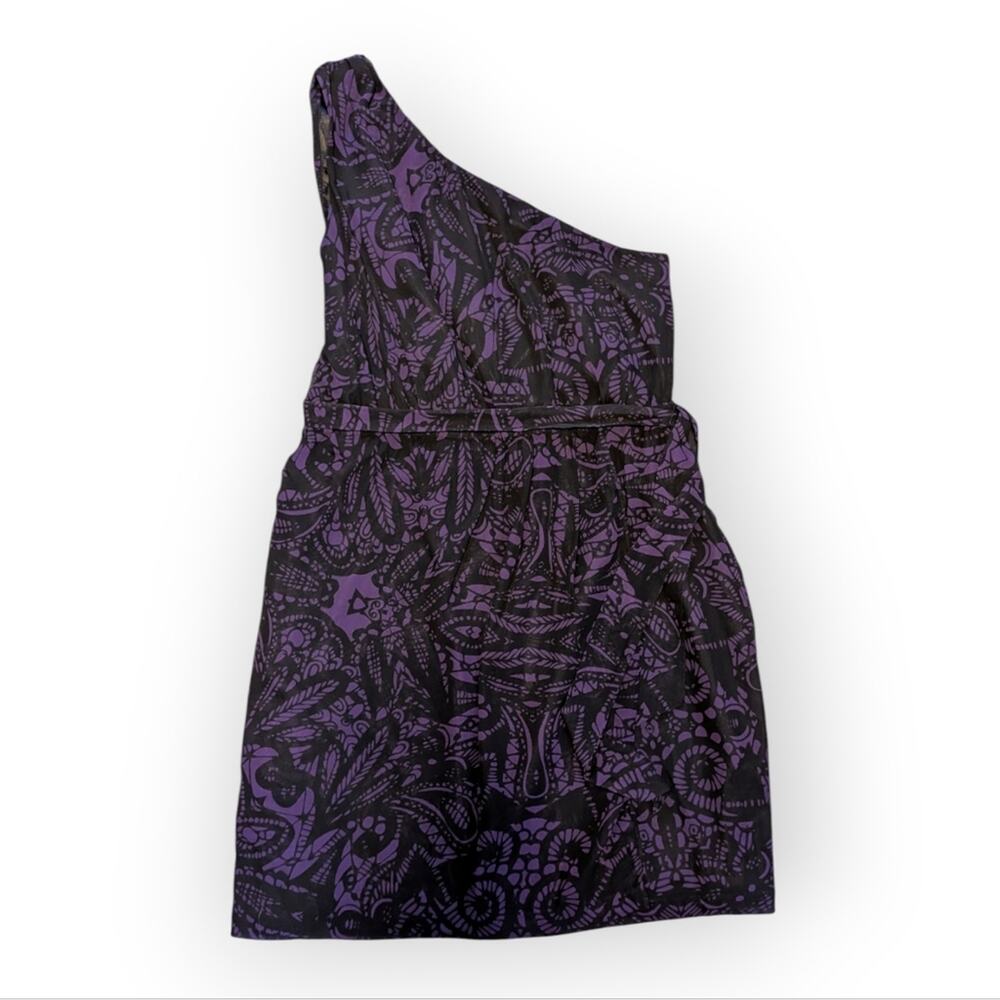 Express Women one shoulder Cocktail dress Purple black abstract floral Paisley